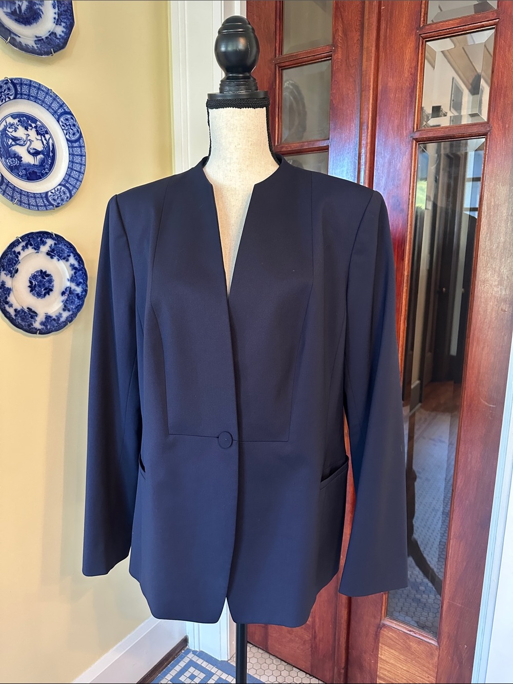 Lafayette 148 NY | Navy Blue Collarless One-Button Wool Blend Blazer, Size 18